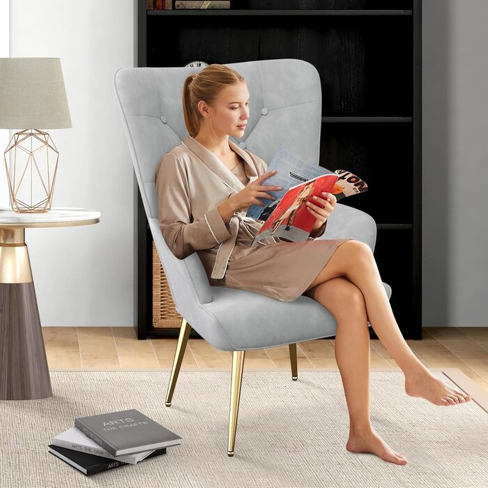 Елегантне м&39яке крісло, стілець для вітальні, стілець-туалет з металевими ніжками для вітальні/спальні, вантажопідйомність до 150 кг, сірий, комплект з