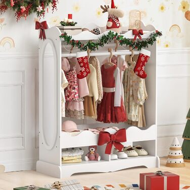 Дитяча шафа LUE BONA, Дитяча шафа з дзеркалом та вішалкою для одягу, Дерев&39яна дитяча шафа з 3 гачками, Шафа для дитячої кімнати з полицею, для дитячої кімнати, 85x108x34 см, Білий