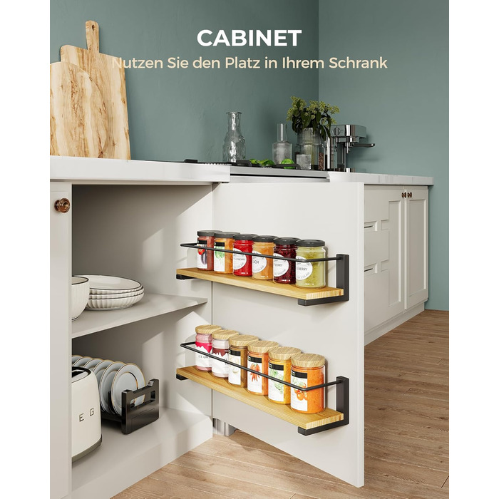 Настінні полиці для спецій OROPY з 2 предметів для кухні, підвісний органайзер для спецій із соснової деревини, дерев&39яна настінна кухонна полиця для дверцят шаф, банки для трав з анкером, банки для спецій - соснова деревина, 40x9 см, набір з 2 предметі