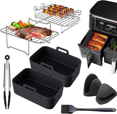 Аксесуари для фритюрниці Ranedo, аксесуари для фритюрниці для Ninja Dual AF300EU AF400EU та подвійної фритюрниці 7.6 л - 9.5 л, силіконові вставки для фритюрниці, шампури та стійка чорна