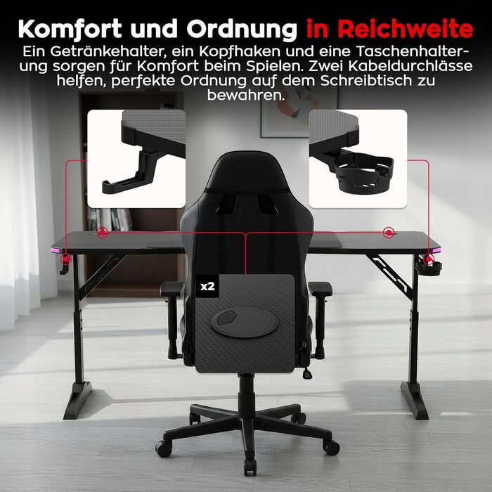 Ігровий стіл huzaro Hero 4.6 RGB - Регульована висота* - Стіл 160x60 см - Поверхня з вуглецевого волокна - Організатор кабелів - Підстаканник та тримач для навушників - ПК-стіл для офісу/домашнього офісу - Чорний RGB