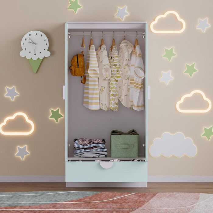Дитяча шафа Sandnes з 2 дверима та 1 шухлядою, штанга для одягу, дитяча кімната, 123 x 60 x 40 см, м&39ятно-зелений/білий