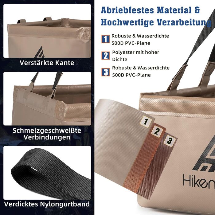 Складана чаша для кемпінгу 15 л/20 л, складне відро для кемпінгу, міцне брезентове відро, чаша для миття, ванна для миття посуду, рибальське відро для полоскання та охолодження (15 л, хакі) - D1 Square-хакі 15 л