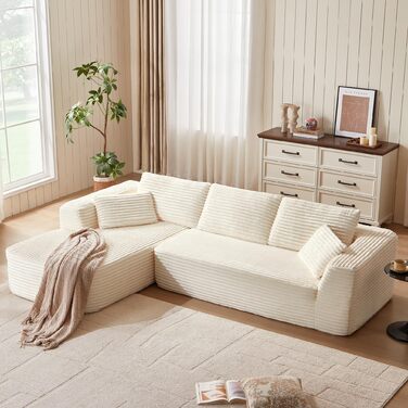 Кутовий диван LINSY HOME зі сном - Модульний розкладний диван з вельвету 270 см, L-подібний диван, 3-місний диван з пуфом, секційний диван для вітальні, не потребує складання, бежевий вельвет