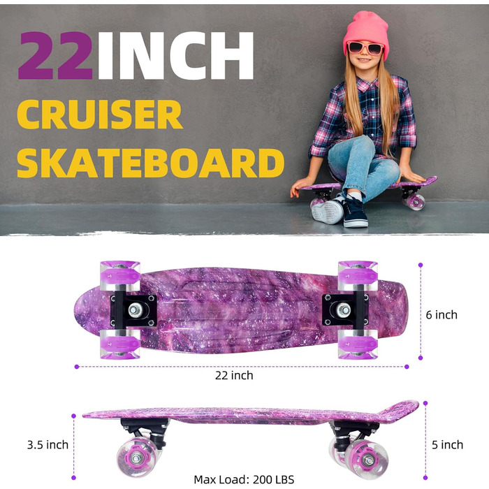 Скейтборд Nattork Mini Cruiser 22" Purple (Lila Stern) – ретро міні-круїзер з LED-підсвічуванням PU коліс, для дітей та початківців