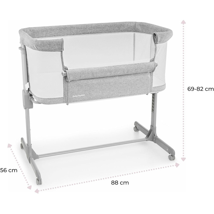 Дитяче ліжечко та дорожнє ліжечко Moby System з матрацом - Luna 3в1 - Дитяче дорожнє ліжечко з регульованою висотою, приліжкове ліжечко до 9 кг, знімна бічна панель, 4 транспортні колеса, сірий