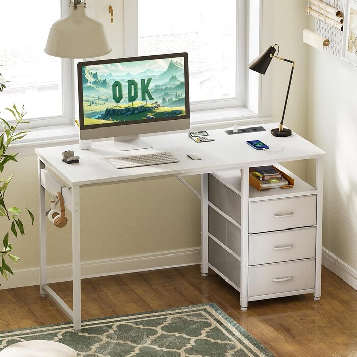 Письмовий стіл ODK з 3 тканинними шухлядами, 120x48x75,5 см, Комп&39ютерний стіл з 2 розетками та USB-портами, Двосторонній ПК-стіл, Офісний стіл для домашнього офісу, Білий 120x48x75,5 см Білий