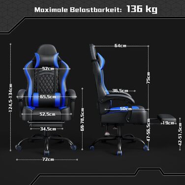 Ігрове крісло Yaheetech, ергономічне ігрове крісло з функцією масажу та висувною підставкою для ніг, регульована спинка, регульована висота, комп&39ютерне крісло, обертове крісло (чорно-синє)
