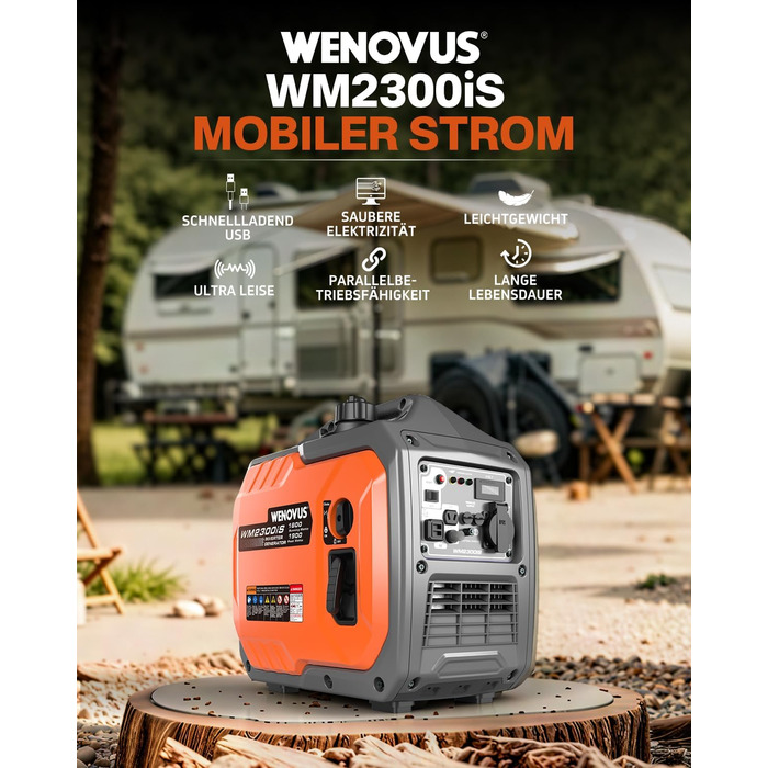 Надзвичайно тихий портативний 4-тактний генератор потужністю 1900 Вт з розеткою 230 В та USB-інвертором, бензиновий аварійний генератор для резервного живлення під час відключення електроенергії, ідеально підходить для кемпінгу, караванів, автофургонів та