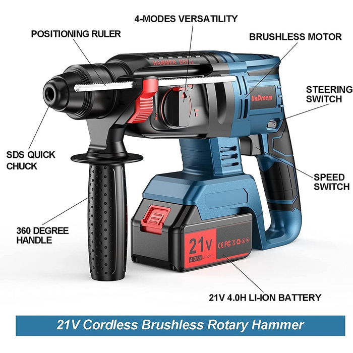 Акумуляторний перфоратор 21V 4000mAh запасний акумулятор, адаптер SDS-plus (з патроном для свердла, для перфораторів), функції 4 в 1, 3 свердла, 2 зубила, Підходить для бетону, цегляної кладки, стін