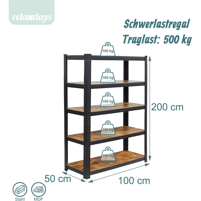 Міцний стелаж Relaxdays, 500 кг, ВШ 200 x 100 x 50 см, 5 полиць, імітація дерева, полиця для зберігання, сталь та МДФ, чорний/коричневий