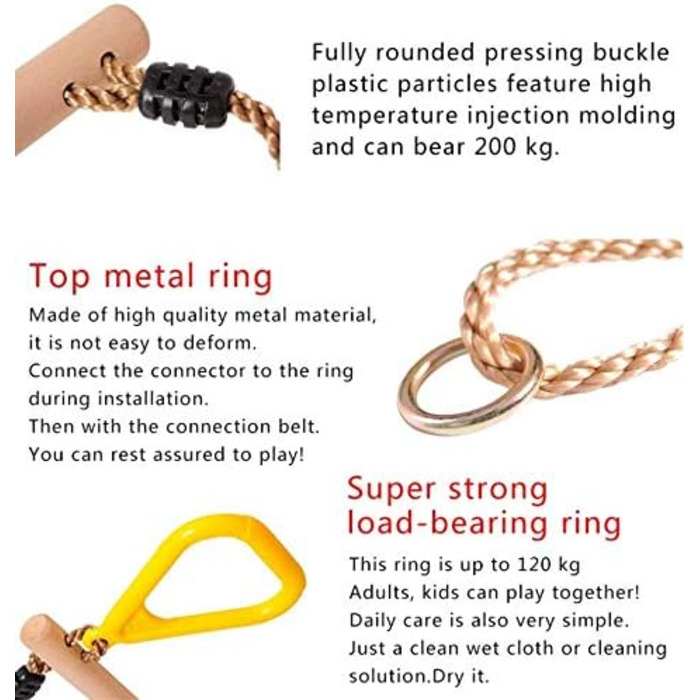 Багатофункціональна дитяча дерев'яна гойдалка-трапеція Morwealth з пластиковими кільцями Кільця для тренажерного залу Кільця для п