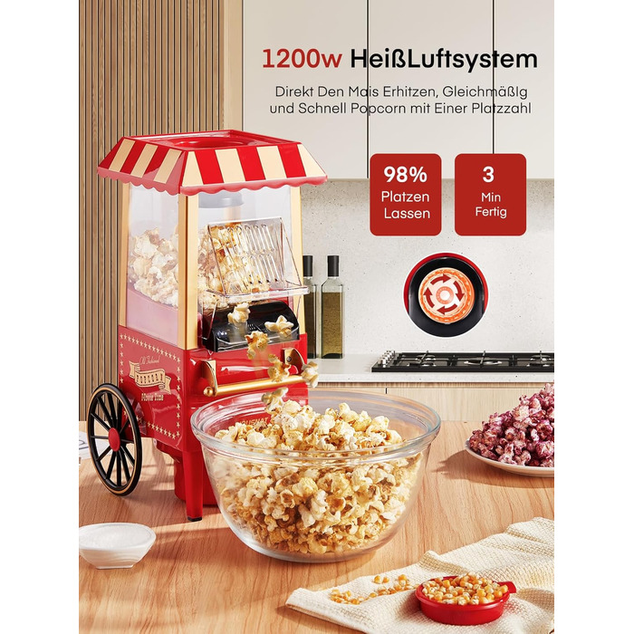 Машина для приготування попкорну HOUSNAT Гаряче повітря - Ретро маленька машина для приготування попкорну - Знежирена безолійна та здорова закуска Mas - Машина для приготування попкорну 1200 Вт для дому - Ніч кіно та Різдво - Червоний