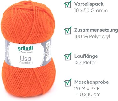 Пряжа Grndl Lisa Premium Uni Knitting & Chet Yarn (м'яка і вовняна характер, проста в догляді миється трикотажна пряжа з 100 поліакрилу, 50 г/ 133 м, розмір голки 3,5 - 4,5, 10 клубків по 50 г кожен), (помаранчевий)