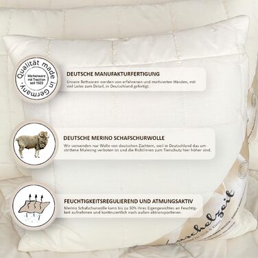 Подушка з мериносової овечої вовни розміром 40x80 см з наповнювачем з 500 грамів натуральної вовняної грудки для індивідуального регулювання висоти та стьобаним бавовняним чохлом - Зроблено в Німеччині