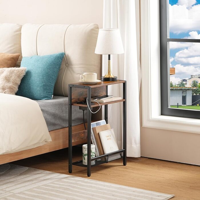 Вузький приставний столик, столик біля дивана із зарядною станцією, тумбочка з 2 дерев&39яними композитними панелями та 1 металевою полицею, для невеликих приміщень, вітальня, вінтажний коричневий та чорний DTBZ05CBF Вінтажний коричневий, чорний