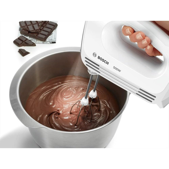 Ручний міксер Bosch MFQ25200 CleverMixx Spotlight, 500 Вт, світлодіодне освітлення, 4 швидкості, білий/сріблястий