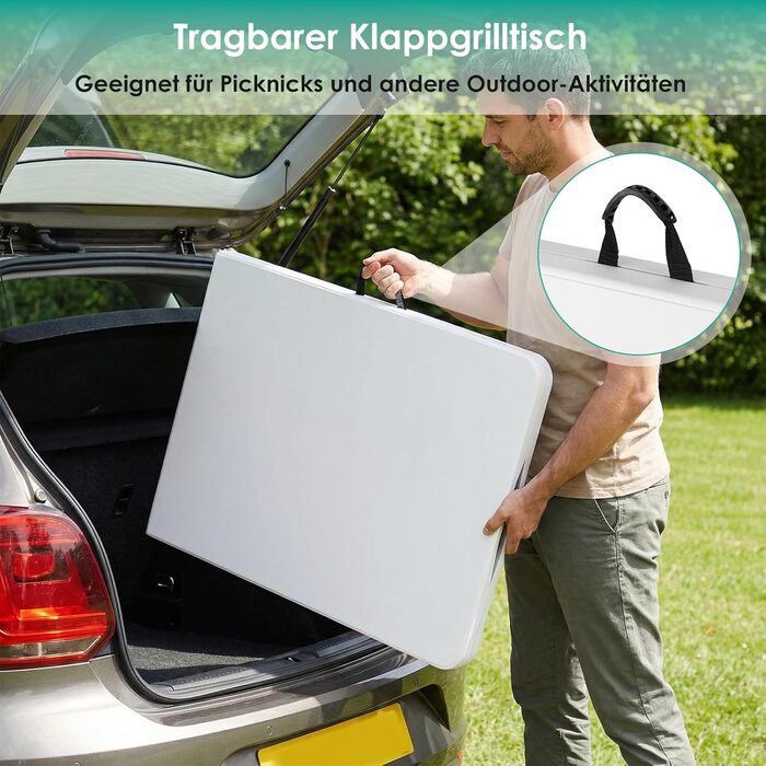 Складаний фуршетний стіл LIFERUN, водонепроникний, 180x75 см, садовий стіл зі стільницею з HDPE, складний пластиковий стіл з ручкою для перенесення, кемпінговий стіл для 10 осіб, вага до 150 кг, святковий стіл для саду, тераси, балкону, білий