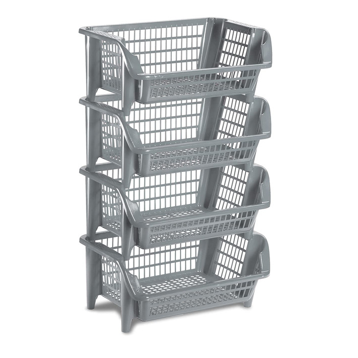 Стелаж Kreher, що складається з чотирьох штабельованих пластикових кошиків сірого кольору. Штабельується та вкладається. Можна розширювати за бажанням.