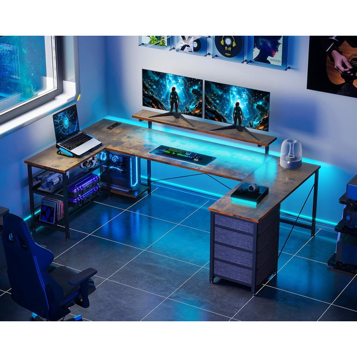 Кутовий стіл ODK з 4 шухлядами та місцем для зберігання, двосторонній кутовий стіл 167102 см з 2 розетками та 2 портами зарядки USB, ігровий стіл зі світлодіодним освітленням та підставкою для монітора для домашнього офісу, вінтажний коричневий