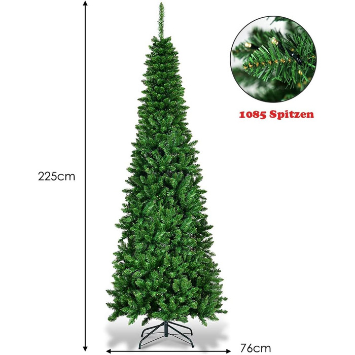 Різдвяна ялинка-олівець з теплими білими світлодіодними вогнями 225 см COSTWAY