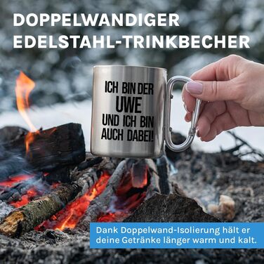 Я Уве, і я теж Персоналізована кружка з нержавіючої сталі з карабіном Ідея подарунка 330 мл Кружка Для кемпінгу Ключки Срібний