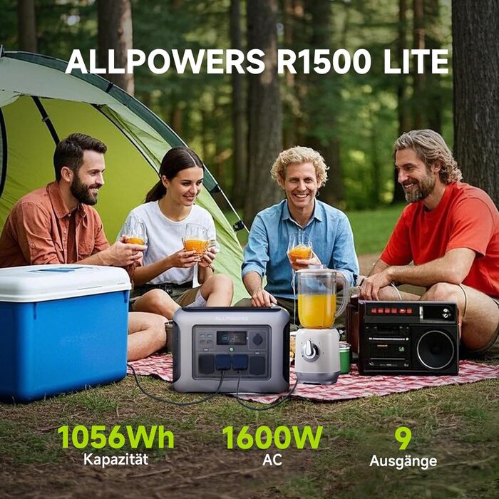 Портативна електростанція ALLPOWERS R1500 LITE, резервний акумулятор LFP 1056 Втгод з 4 виходами змінного струму по 1600 Вт, сонячна електростанція, швидка зарядка від 0 до 80 за 40 хвилин, сонячний генератор, аварійне джерело живлення для кемпінгів R1500
