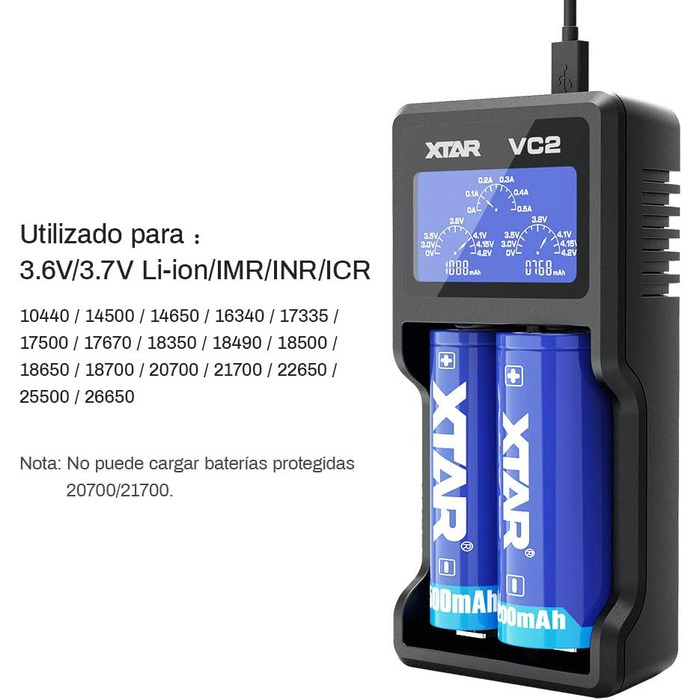 Зарядний пристрій XTAR VC2 Premium UB з РК-дисплеєм (оновлення MC Eries) 18350 18500 18650 18700 14500 16340 17500 для літій-іонних акумуляторів (батареї не входять до комплекту), розмір S
