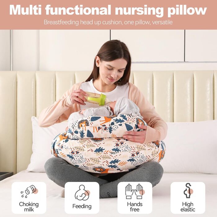 Подушка для годування, подушка для вагітних, багатофункціональна подушка для годування материнства з регульованим поясним ременем та захисними поручнями, чохол зі 100 бавовни (лев)