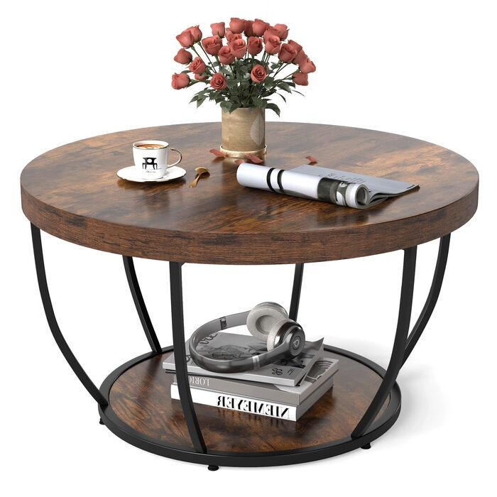 Круглий журнальний столик COSTWAY, дерев&39яний диванний столик з 2 ярусами та металевим каркасом, журнальний столик для вітальні діаметром 80 см для вітальні, приймальні, офісу (рустикально-коричневий)