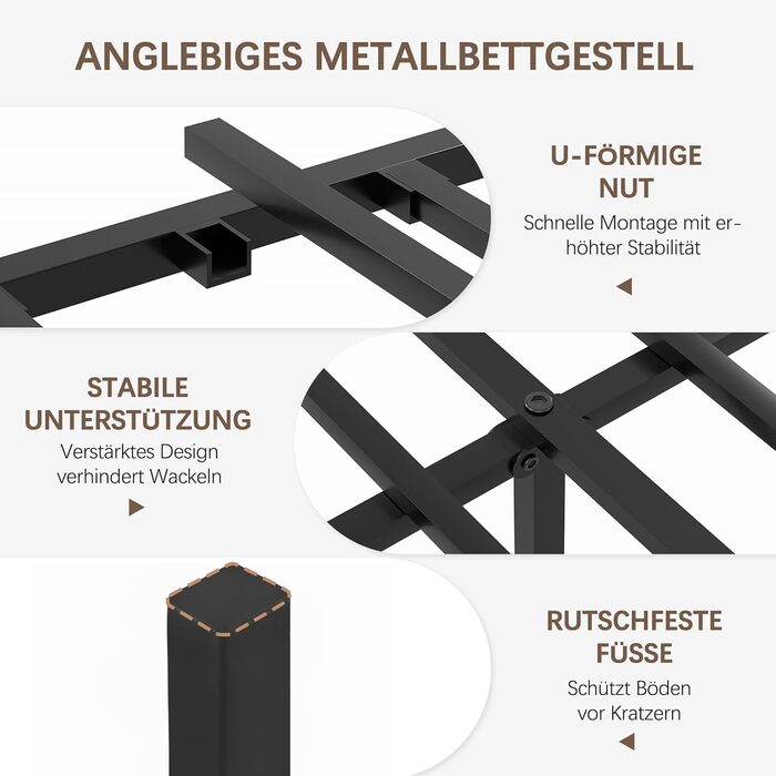 Ліжко VECELO з металевим каркасом 140 x 200 см та товстим дерев&39яним узголів&39ям, каркас двоспального ліжка з металу з рейковою основою, багато місця для зберігання під ліжком, ідеально підходить для спальні, коричневий колір 140 x 200 см, коричневий