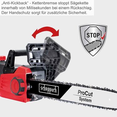 Електрична ланцюгова пила Scheppach CSE2700 потужність 2700 Вт діаметр різання 44 см шина та ланцюг ProCut 455 мм автоматичне змащення ланцюга захисний кожух з вбудованим гальмом ланцюга натяг ланцюга без інструментів