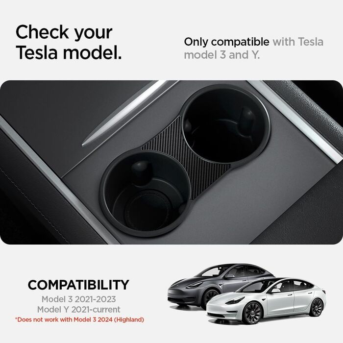 Вставка в підсклянник центральної консолі Spigen Tesla Model 3 2021-2023 Model Y (Carbon Edition), автомобільний підсклянник для аксесуарів Tesla Model 3 Model Y з міцним зчепленням врівень з поверхнею