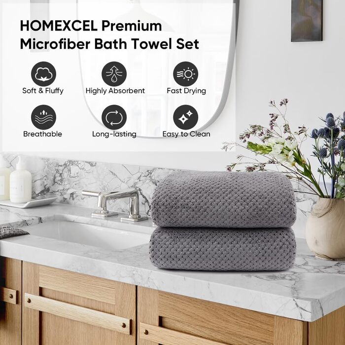 Набір банних рушників HOMEXCEL, 4 предмети, мікрофібра, надзвичайно м&39які, добре поглинають вологу, легкі та швидко сохнуть, рушники для тіла, спорту, йоги, спа, фітнесу, сірі