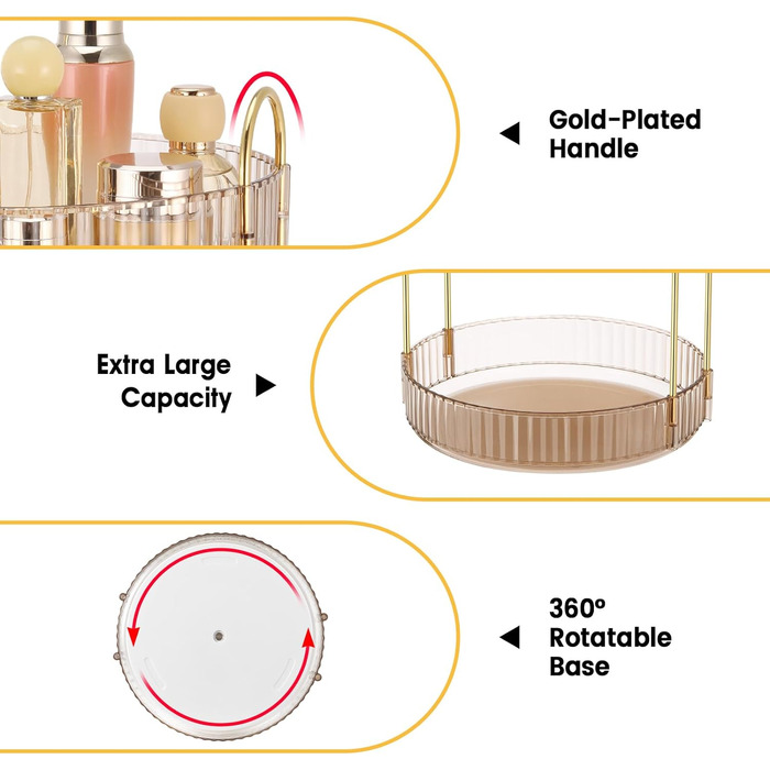 Органайзер для макіяжу Otauoaea, органайзер для макіяжу на 360 градусів, що обертається, велика місткість, багатофункціональний косметичний столик для туалетного столика ванна кімната спальня (2 шари, бурштин) бурштин 2 шари