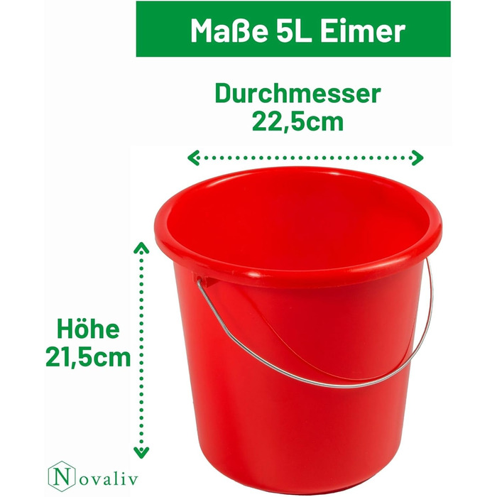Відро 5 л червоне зі шкалою - Відро для прибирання 5 літрів 22,5 см Практичне універсальне відро зі шкалою для дому та саду ідеально підходить як господарське відро, відро для води, відро для швабри, відро 5 5 літрів червоне, 5 шт.