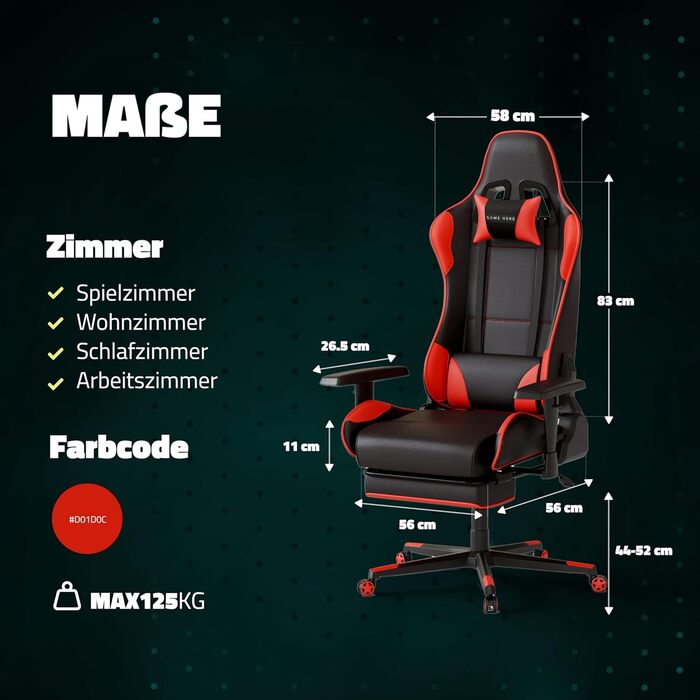 Ергономічне офісне крісло Game Hero - Ігрове крісло з подушкою для стегон та підголівником - Геймерське крісло з підставкою для ніг - Шкіряне крісло для роботи, Ігрове крісло до 125 кг - Winner X1 (червоне)