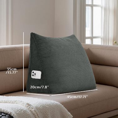 Вельветова клиноподібна подушка - трикутна спинка для ліжка та дивана, подушка для читання, ергономічна спинка, знімна, чохол, який можна прати (темно-сірий, 45 x 35 x 20 см) Темно-сірий 45x35x20 см