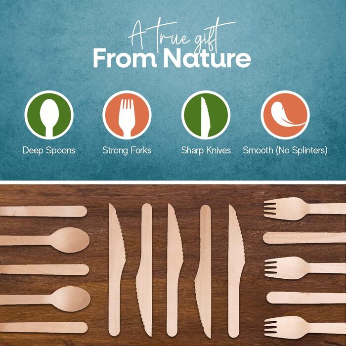 Набір одноразових дерев&39яних столових приборів FOOGO Green з 250 предметів та білих серветок, 50 виделок, 50 ножів, 50 ложок, 100 коричневих серветок, двошарові міцні паперові серветки, екологічно чистий набір столових приборів