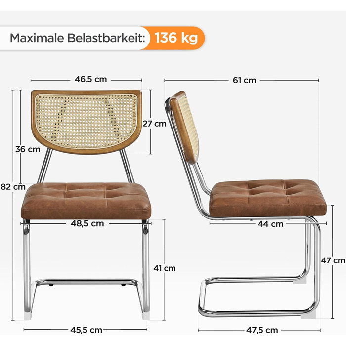 Комплект кухонних стільців Yaheetech із 2 шт. , обідні стільці зі спинкою з ротанга, консольне крісло зі штучної шкіри, м&39яке крісло для їдальні/кухні/вітальні/ресторану, ретро-коричневий