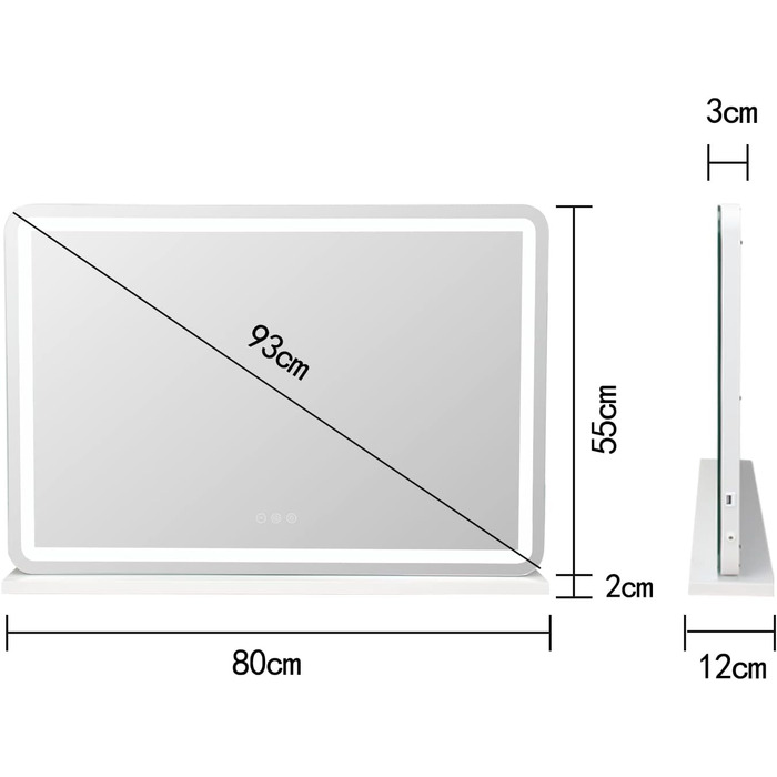 Голлівудське дзеркало для макіяжу з підсвічуванням велике дзеркало для макіяжу з 3 кольорами світла, дзеркало для макіяжу з USB і 10-кратною лупою косметичне дзеркало з сенсорним управлінням для настільного або настінного кріплення 80x55см біле 55L x 80W 