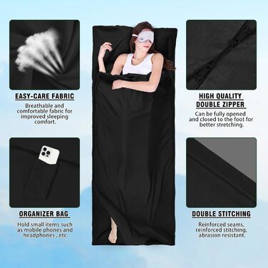Бавовняна підкладка для спального мішка, надлегкий дорожній спальний мішок, дорожній спальний мішок із двосторонньою блискавкою, підкладка для спального мішка з мікрофібри з кишенею для подушки для кемпінгу та походів, чорний