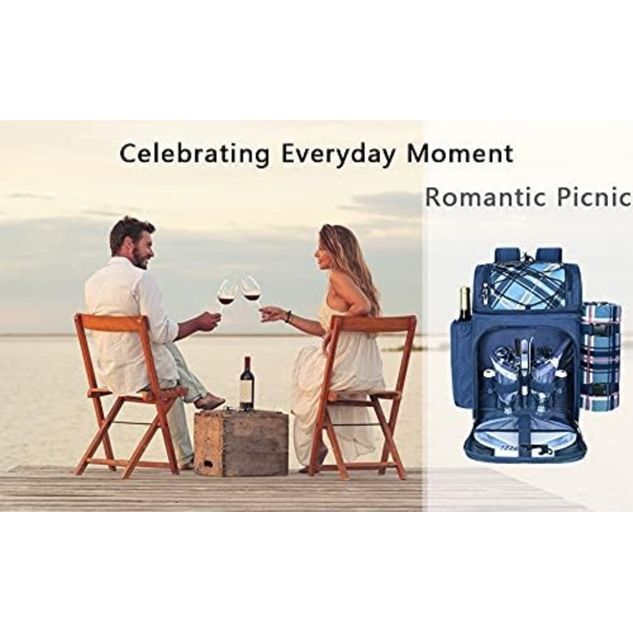 Рюкзак-кошик для пікніка Hap Tim для 2 осіб з ізольованим герметичним відділенням-холодильником, тримачем для вина, флісовою ковдрою, набором столових приборів, ідеально підходить для пляжної вечірки та кемпінгу (EU-36083-BL) 2 особи світло-блакитний