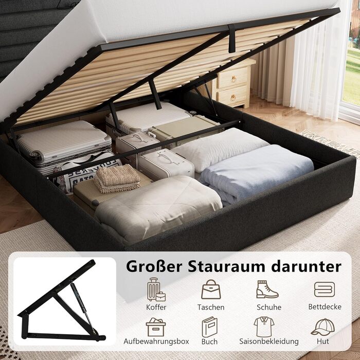 Ліжко FEONASE 140x200 з місцем для зберігання, М&39яке ліжко 140x200 см зі світлодіодним освітленням та зарядною станцією, Каркас ліжка з гідравлічним та лляним узголів&39ям, місцем для зберігання, Рейкова основа, Матрац не входить до комплекту, Темно-сір