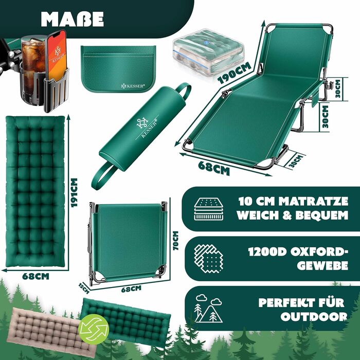 Складане кемпінгове ліжко KESSER, 190 x 68 x 30 см, вантажопідйомність до 250 кг, виготовлене з тканини Оксфорд та міцного сталевого каркасу сумка для перенесення, подушка для шиї, бічна кишеня та тримач для напоїв, ідеально підходить для кемпінгу, зелени