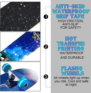 Повний скейтборд Rampage Plain Third 78.7 x 20.3 см - 7-шарова дека з канадського клена, Double Kick увігнута, ABEC-3 підшипники, 50 мм PU колеса, для дітей, підлітків та дорослих, синій дизайн