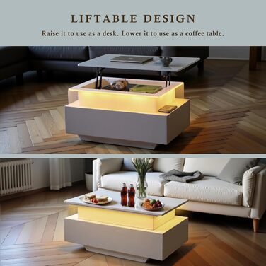 Журнальний столик з регульованою висотою, глянцевий стіл для вітальні зі світлодіодним підсвічуванням, відкритою полицею для демонстрації та 2 шухлядами, сучасний, 85 x 50 x 45 см, білий