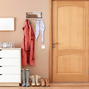 Настінна полиця Relaxdays з рейкою для гачків, метал та дерево, решітка, настінна вішалка для одягу 6 гачків, ВхШхГ 17 x 36 x 13 с