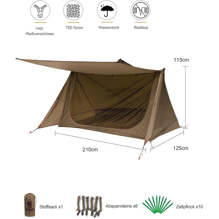 Намет OneTigris Backwoods Bungalow 2.0 для 1-2 осіб, кемпінговий намет, легкий розкладний намет, водонепроникний, 3-сезонний намет-укриття для походів на природі (коричневий колір Coyote Brown), версія 2.0
