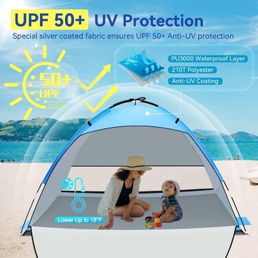 Пляжний намет із захистом від ультрафіолету, пляжний намет UPF 50, невеликий розмір для 2-3 осіб, портативний пляжний намет, вітрозахисний, легкий з сумкою для перенесення